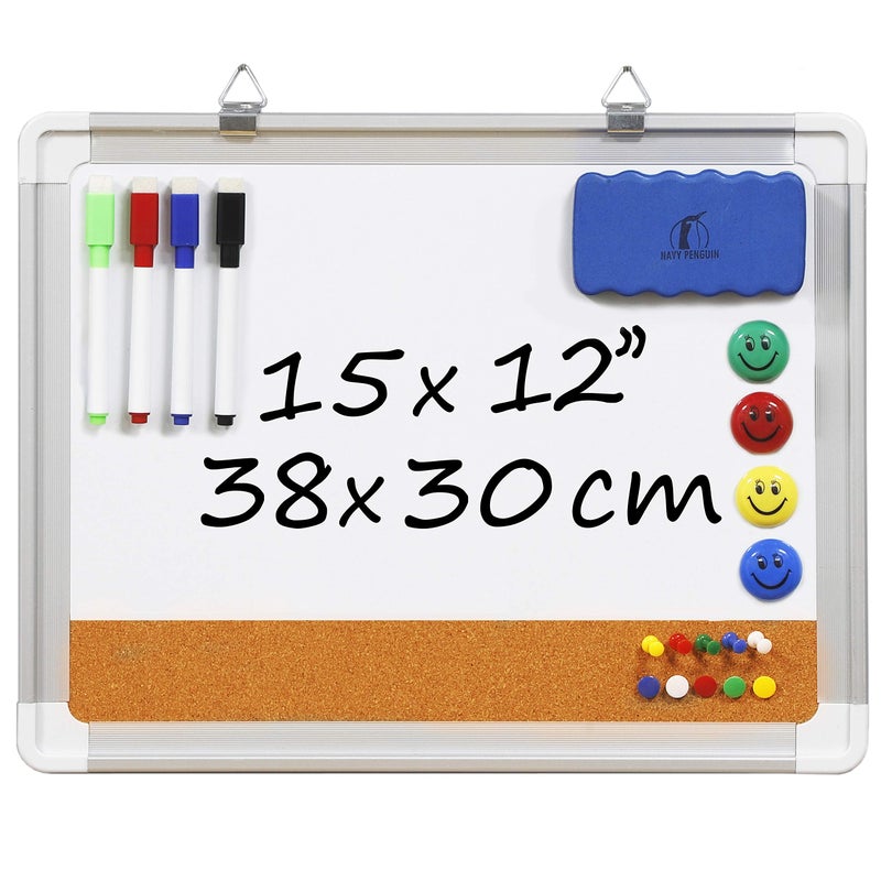 Navy Penguin White Board Cork Board Combo - 15x12 in Dry Erase Board with Cork and 1 Magnetic Eraser, 4 Dry Wipe Markers, 4 Magnets and 10 Pins - Wall Hanging Whiteboard with Corkboard for Home and Office (15x12) - Image 1